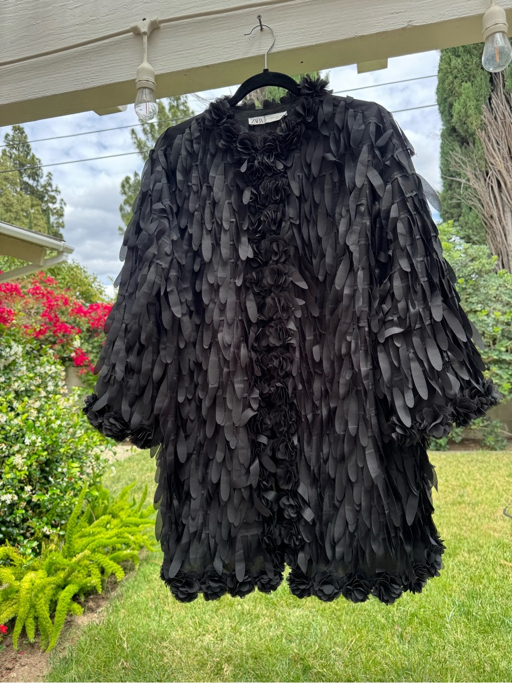 Zara Black Textured Petal-Detail Coat